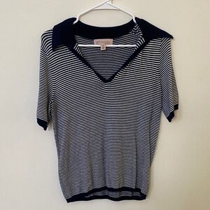 Philosophy Navy and White Striped Short-Sleeve Polo Top